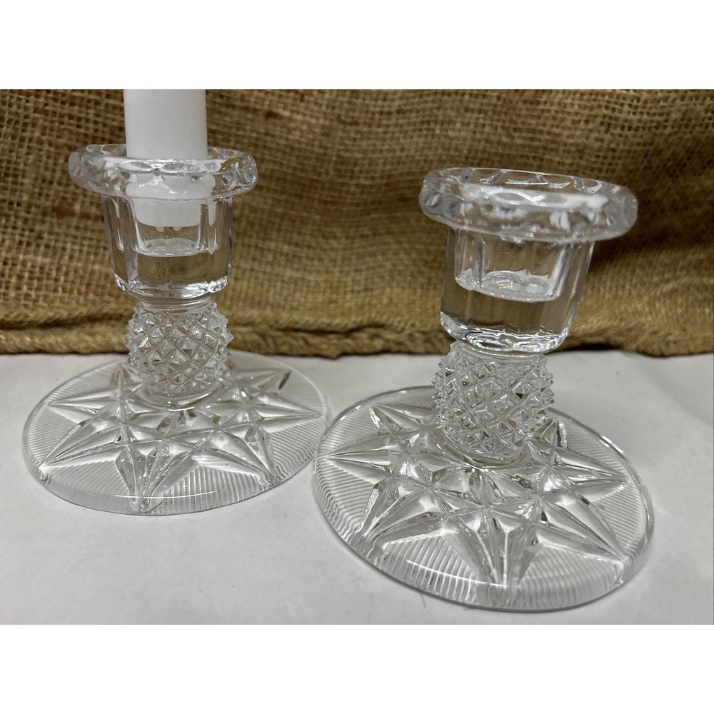 Set of 2 Clear Crystal Glass Candle Holders Eight Point Star And Diamond‎ Design - Picture 2 of 9